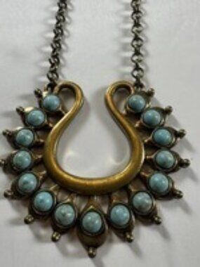 Vintage 1970s Naja Crescent Pendant Necklace Long 37" Turquoise Tone Brass GUC